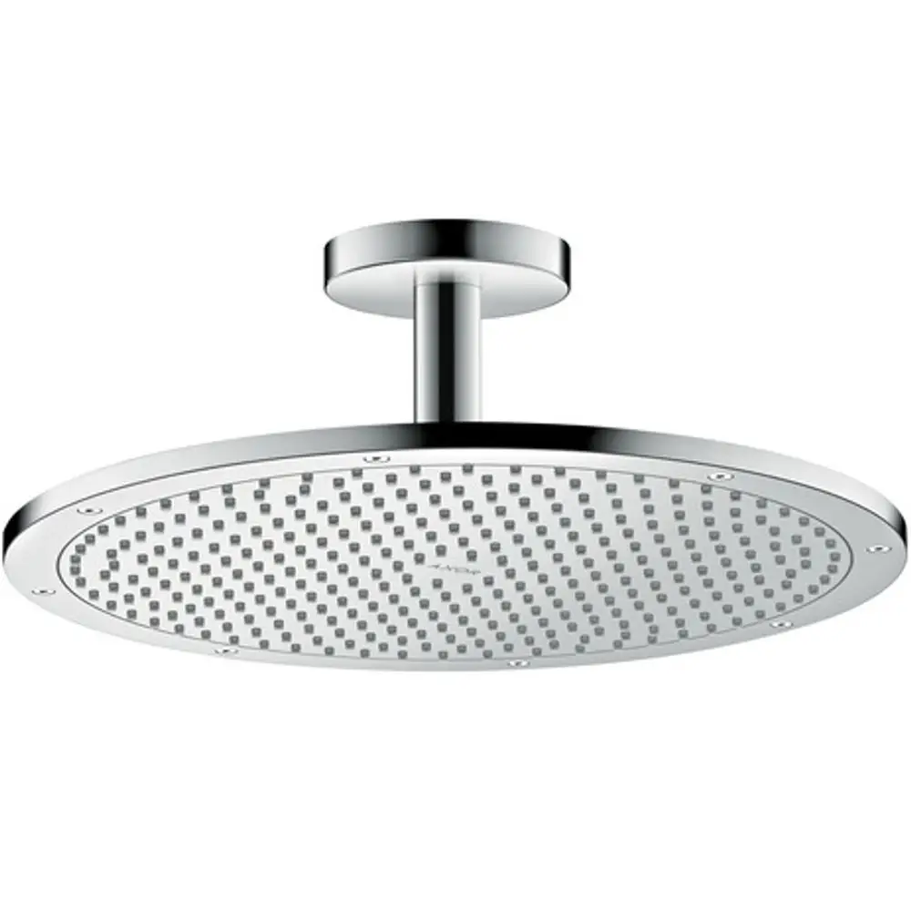 Deckenmontierte Kopfbrause aus Chrom mit runder, flacher Oberfläche und gleichmäßig angeordneten Wasserströmen, designorientiert von AXOR.